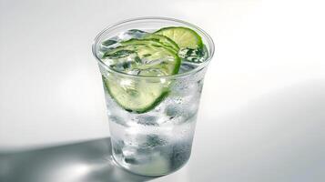 AI generated A hyper-realistic photo of a plastic cup with soda, ice cubes, and slices of lime isolated on a white background. High quality