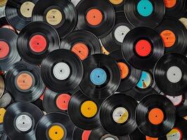 AI generated Top view of a pile of many vintage vinyl records background. High quality. AI Generative photo