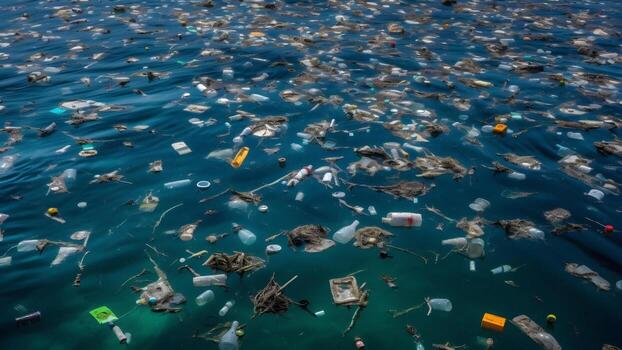 AI generated plastic garbage floating on ocean surface at daylight, neural network generated image photo