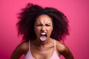 AI generated Angry young adult African American woman yelling, head and shoulders portrait on pink background. Neural network generated photorealistic image. photo