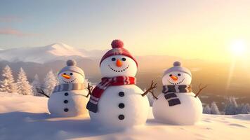 AI generated Winter Christmas - two happy snowman friends on snowy mountains at day light, neural network generated image photo