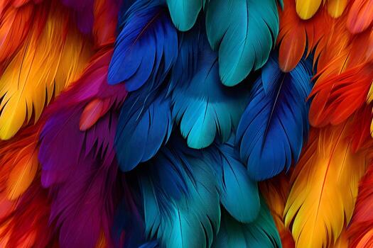 AI generated seamless texture and full-frame background of colorful feathers, neural network generated image. photo