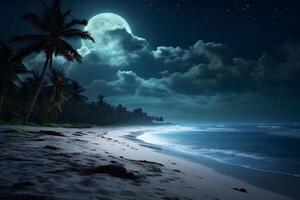 AI generated tropical beach view with white sand, turquoise water and palm tree at full moon night, neural network generated photorealistic image photo