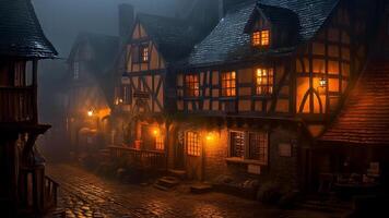 AI generated dark foggy night streets of medieval european city, neural network generated image photo