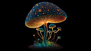 AI generated glowing magic mushroom on black background, neural network generated art photo