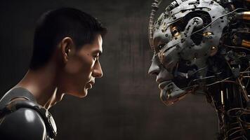 AI generated asian young adult man versus robot looking at each other, face to face, side view, neural network generated image photo