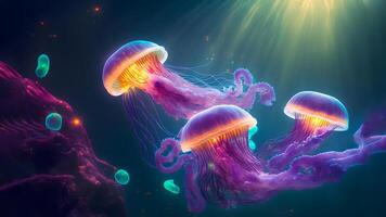 AI generated glowing sea jellyfishes on dark background, neural network generated art photo