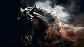 AI generated artisticly lit horse head with smoke and fumes on black background, neural network generated image photo