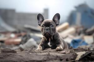 AI generated alone and hungry young French Bulldog after disaster on the background of house rubble, neural network generated image photo