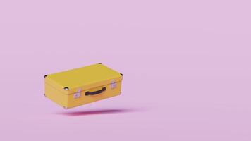 3d yellow open suitcase with light bulb isolated on pink background. summer travel, idea tip concept, minimal abstract, 3d render illustration video