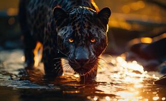 AI generated a black panther is walking in water and looks into the camera photo