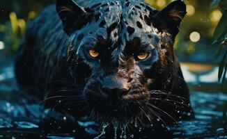 AI generated a black panther is walking in water and looks into the camera photo