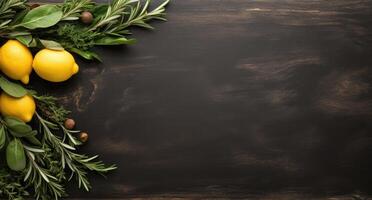 AI generated a black board and rosemary, lemon, olive branches and leaves, natural texture photo