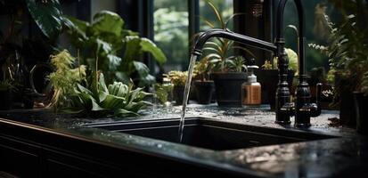 AI generated a black kitchen sink with large plants around it photo