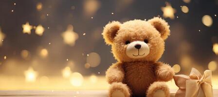 ai generado un oso se sienta por el ventana con estrella luces, foto