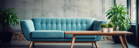AI generated a blue sofa and a wooden table, photo