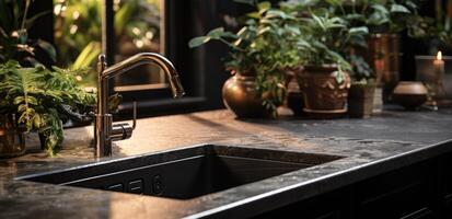 AI generated a black kitchen sink with large plants around it photo