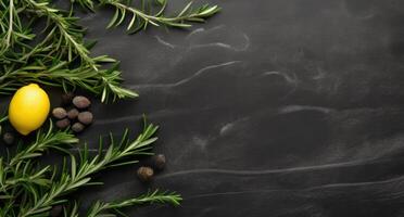 AI generated a black board and rosemary, lemon, olive branches and leaves, natural texture photo