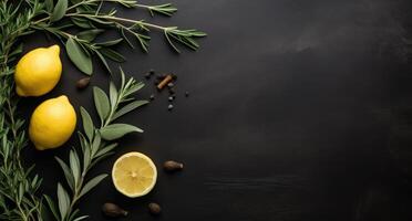 AI generated a black board and rosemary, lemon, olive branches and leaves, natural texture photo