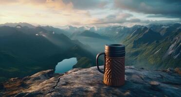 AI generated a backpack and mountain top view with a cup, photo