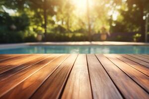 AI generated wood pool deck in the sunlight on top of swimming pool with natural setting photo