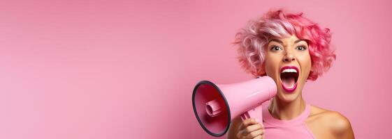 AI generated woman shouting out loud with megaphone happy and smiling photo