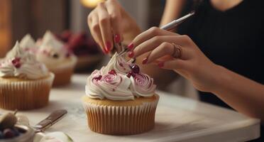 AI generated womens hand decorates cupcakes over the top with frosting, photo