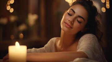 AI generated young woman sleeping with candle on the table, photo