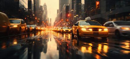 ai generado un ciudad ese es lleno con Taxis en un lluvioso día foto