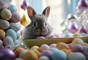 AI generated a bunny sitting in colorful eggs surrounding him photo