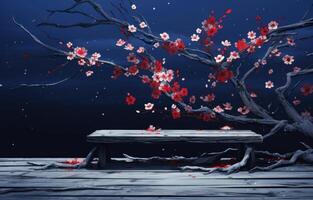 AI generated a cold winter scene with red buds on an overturned wood platform photo