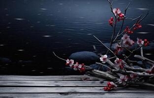 AI generated a cold winter scene with red buds on an overturned wood platform photo