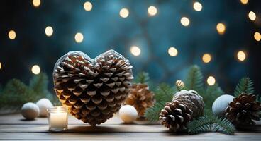 AI generated a gift box next to a pinecone on a green background, photo