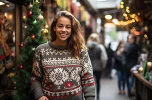 ai generado un niña es vistiendo un feo Navidad suéter foto