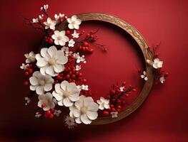 AI generated a flower round paper wreath on a red wall, photo