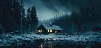 ai generado un cabina en un Nevado bosque en un frío noche foto