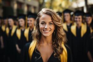 ai generado un graduado sonriente en graduación vestido en frente de un grupo de graduarse personas mayores foto