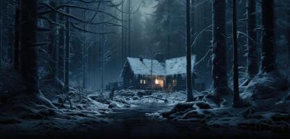 ai generado un cabina en un Nevado bosque en un frío noche foto
