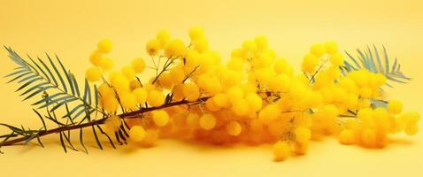 AI generated yellow flowers with leaves against a bright yellow background photo