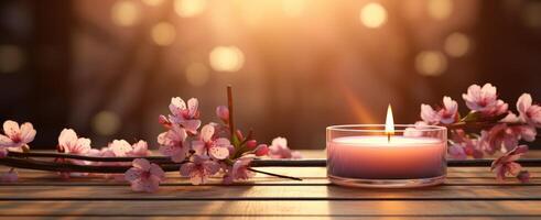 AI generated a candle with blossoming cherry blossoms on a wood table behind a bokeh background photo