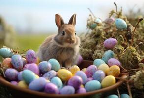 AI generated a bunny sitting in colorful eggs surrounding him photo