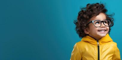 ai generado un niño vistiendo lentes en un azul antecedentes foto