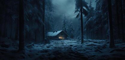 AI generated a cabin in a snowy forest on a cold night photo