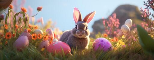 AI generated a rabbit sits in the grass near many colored eggs photo