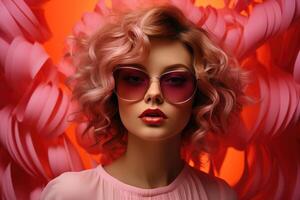 AI generated a beautiful girl in pink with glasses, photo