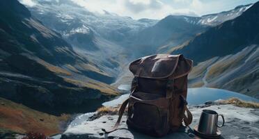 AI generated a backpack and mountain top view with a cup, photo