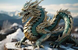 AI generated a green and white dragon figurine on a table with light reflected on it photo