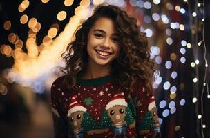 ai generado un niña es vistiendo un feo Navidad suéter foto