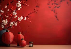 AI generated a red background with some papers and paper lanterns photo