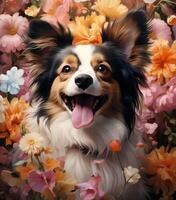 ai generado un Papillon perro es sonriente y acostado en el suelo foto